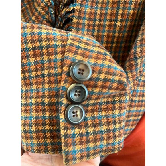 Worth Vintage 90s Plaid Tweed Blazer S Brown Fringed Shawl Collar - Picture 9 of 13